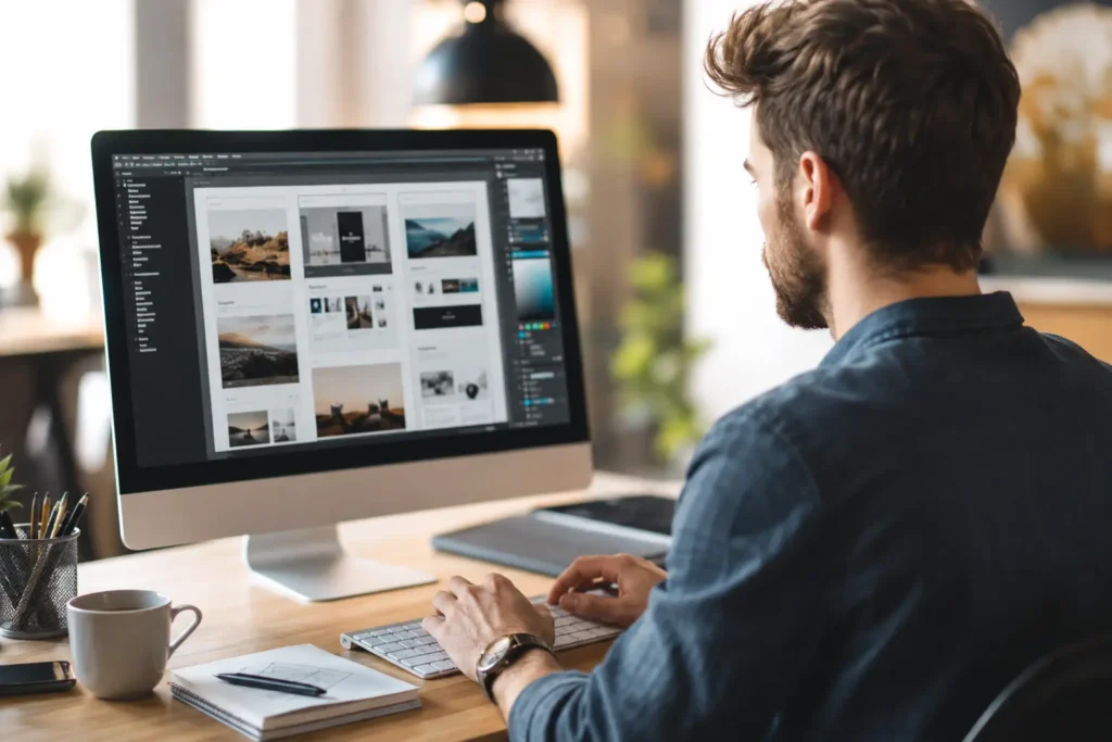 Empresário comparando opções de empresas de criação de sites profissionais