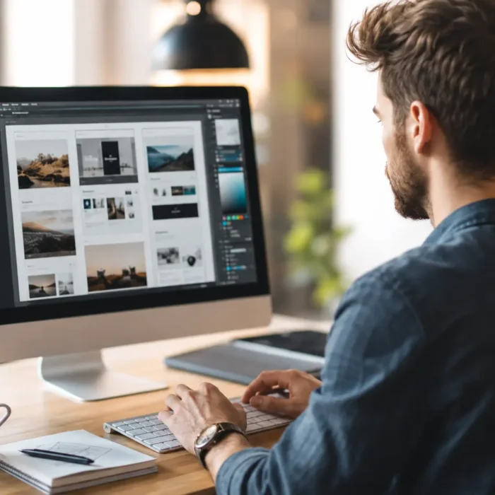 Empresário comparando opções de empresas de criação de sites profissionais
