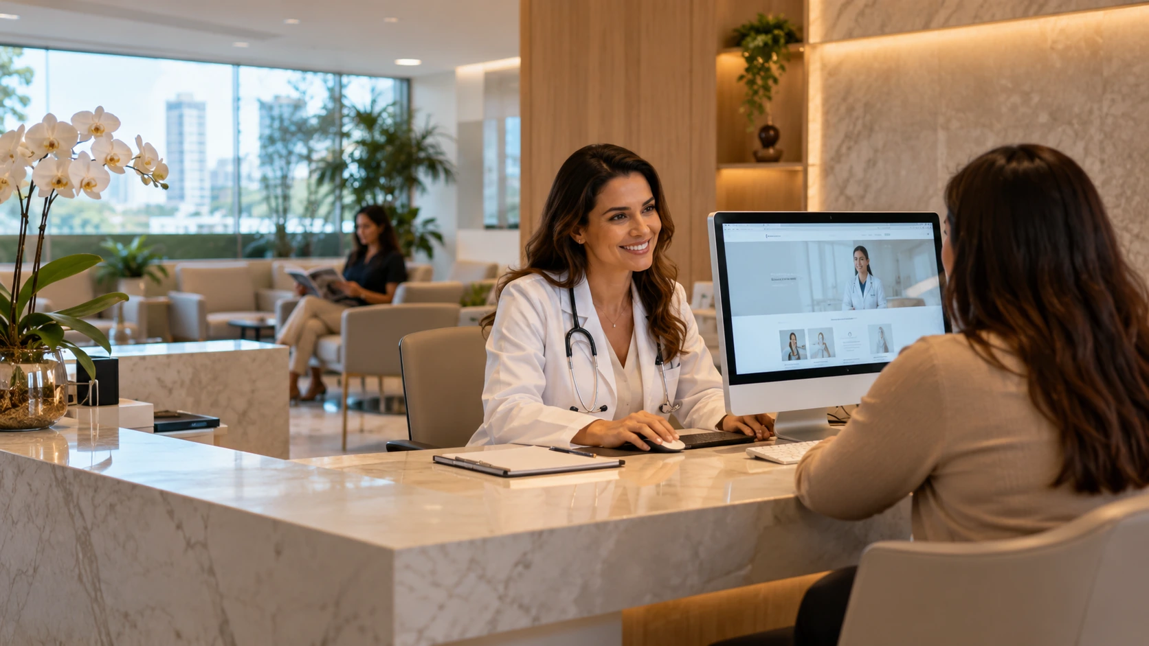 Médica conversando com paciente em consultório moderno, com site da clínica exibido no computador.